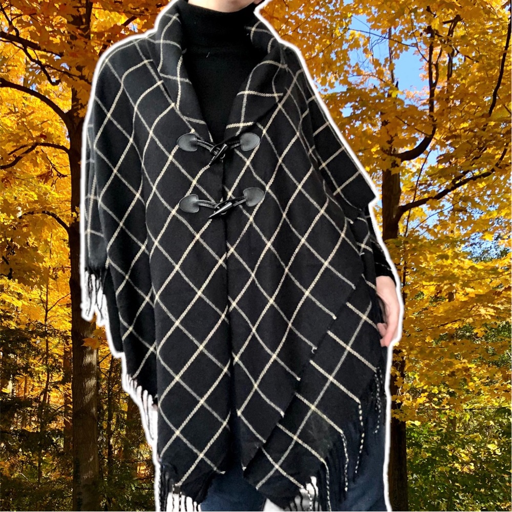 Black and Camel Fringed Windowpane Plaid Cloak, OS